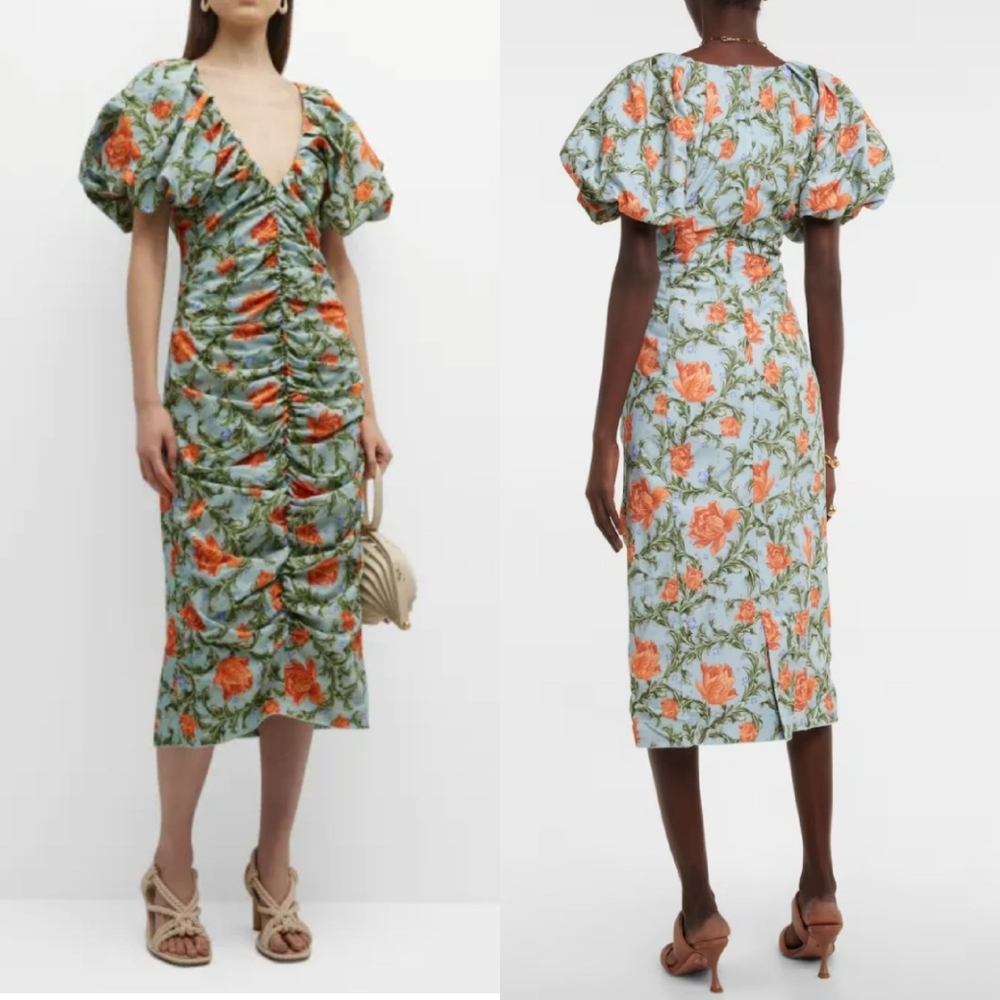 NWT Agua by Agua Bendita Camelia Peonia Atardecer Ruched Midi Dress Large - Picture 14 of 14